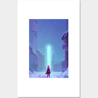 Anime Girl Cyberpunk Laser Snowy Christmas Landscape Posters and Art